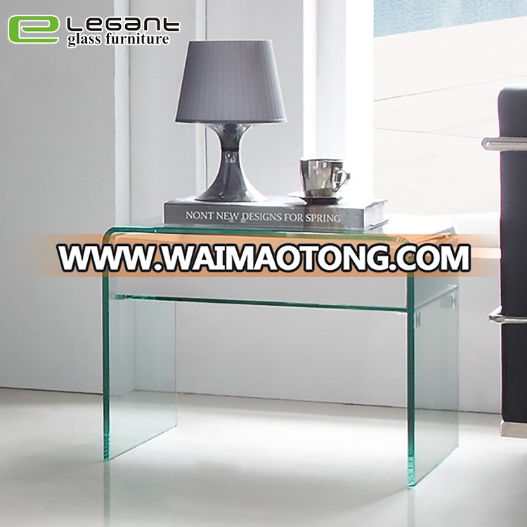 Curved Glass Small Side Table With High Gloss MDF White Drawer